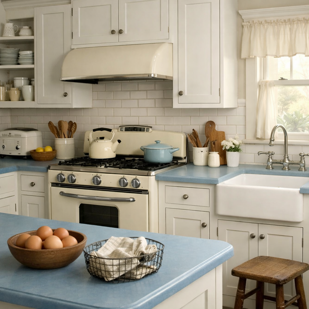 A cozy kitchen featuring soft blue countertops, white shaker cabinets, a vintage stove, wooden accents, and a bowl of eggs.