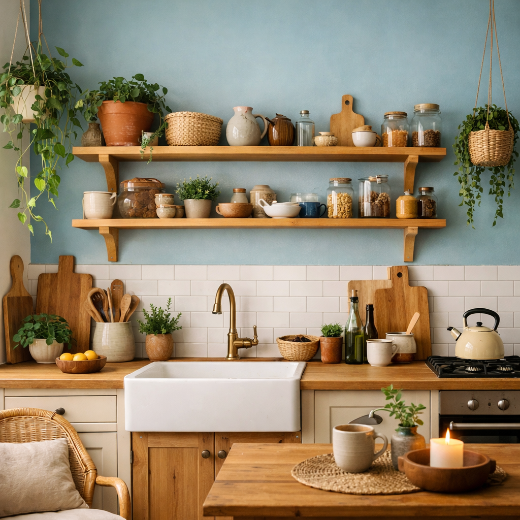 A cozy kitchen with pale blue accent walls featuring natural wood shelves, rustic kitchenware, and plants.