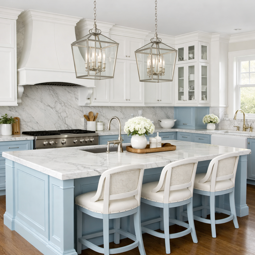 Elegant pale blue kitchen with white accents and marble countertops
