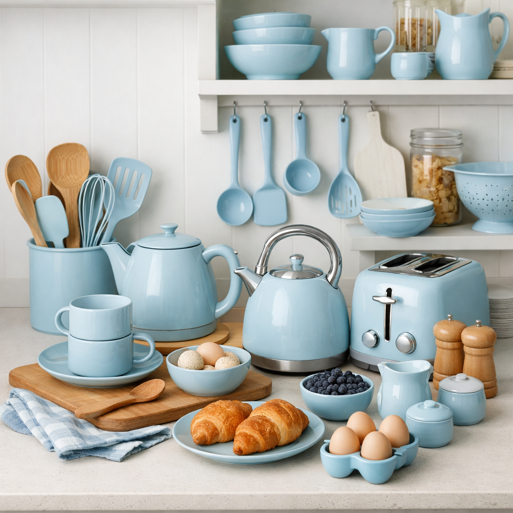 A pale blue kitchen setup featuring various kitchen accessories and food items.