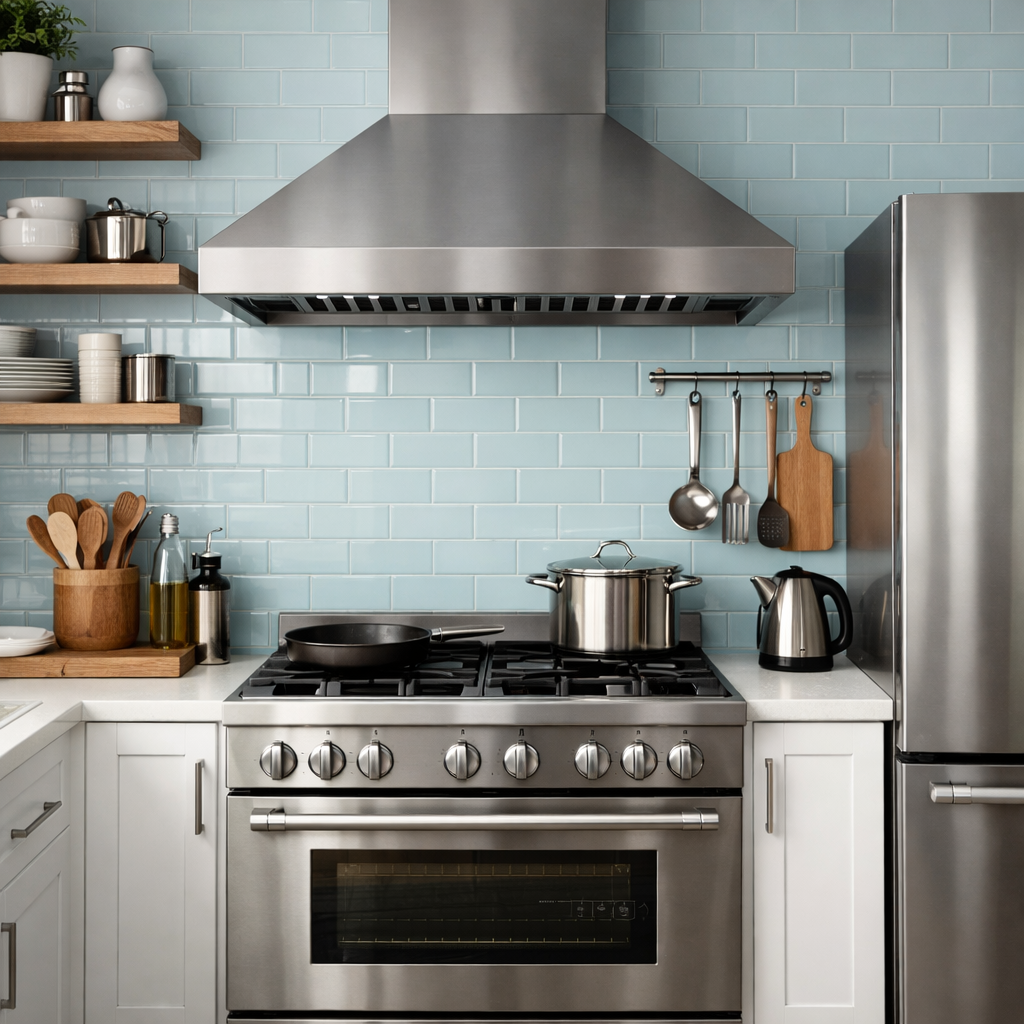 Stylish kitchen with a pale blue backsplash, stainless steel appliances, and wooden shelves