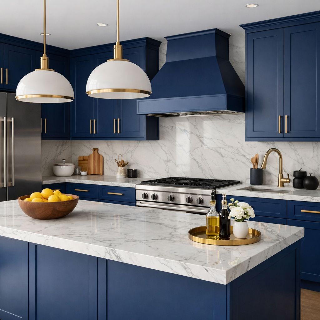 Elegant kitchen featuring royal blue cabinets and marble countertops.