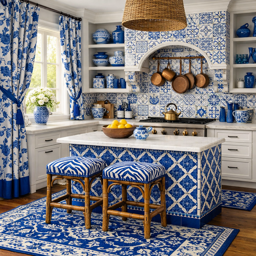 A royal blue kitchen with patterned tiles, striped bar stools, and floral curtains.