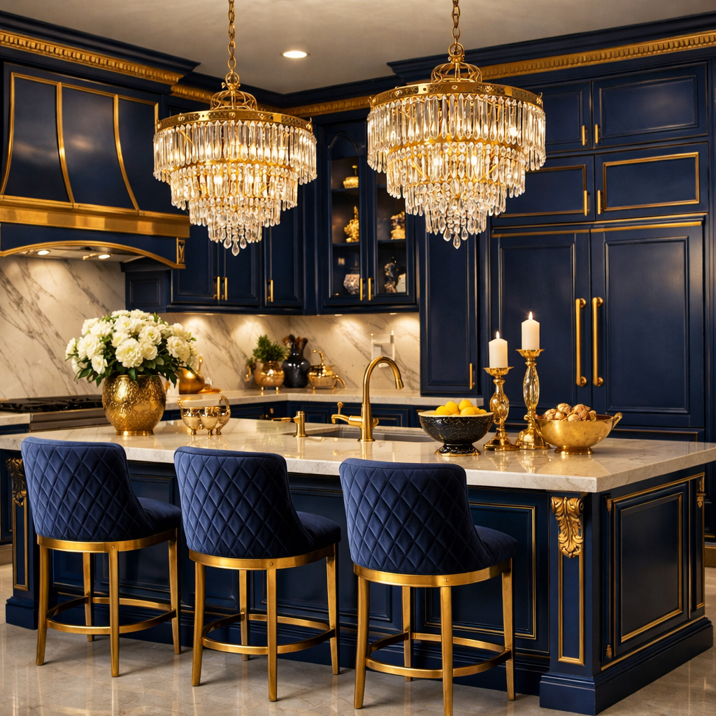 Luxurious kitchen decorated in royal blue and gold with elegant chandeliers and plush seating.