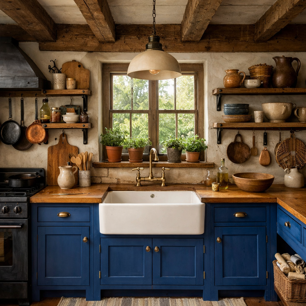 A rustic kitchen featuring royal blue cabinetry, a farmhouse sink, and wooden accents.