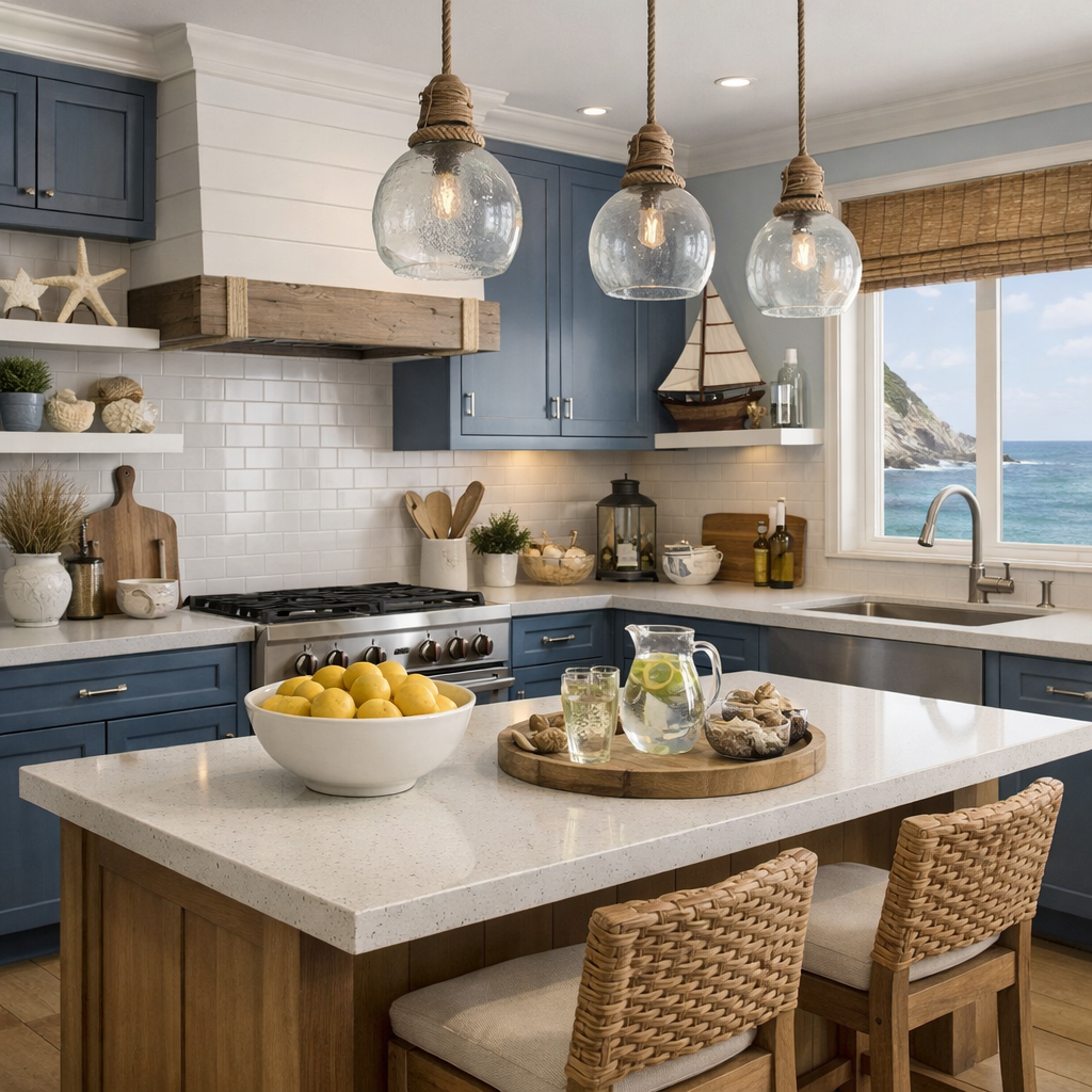 A coastal-themed kitchen featuring slate blue cabinets, wooden accents, and ocean views.