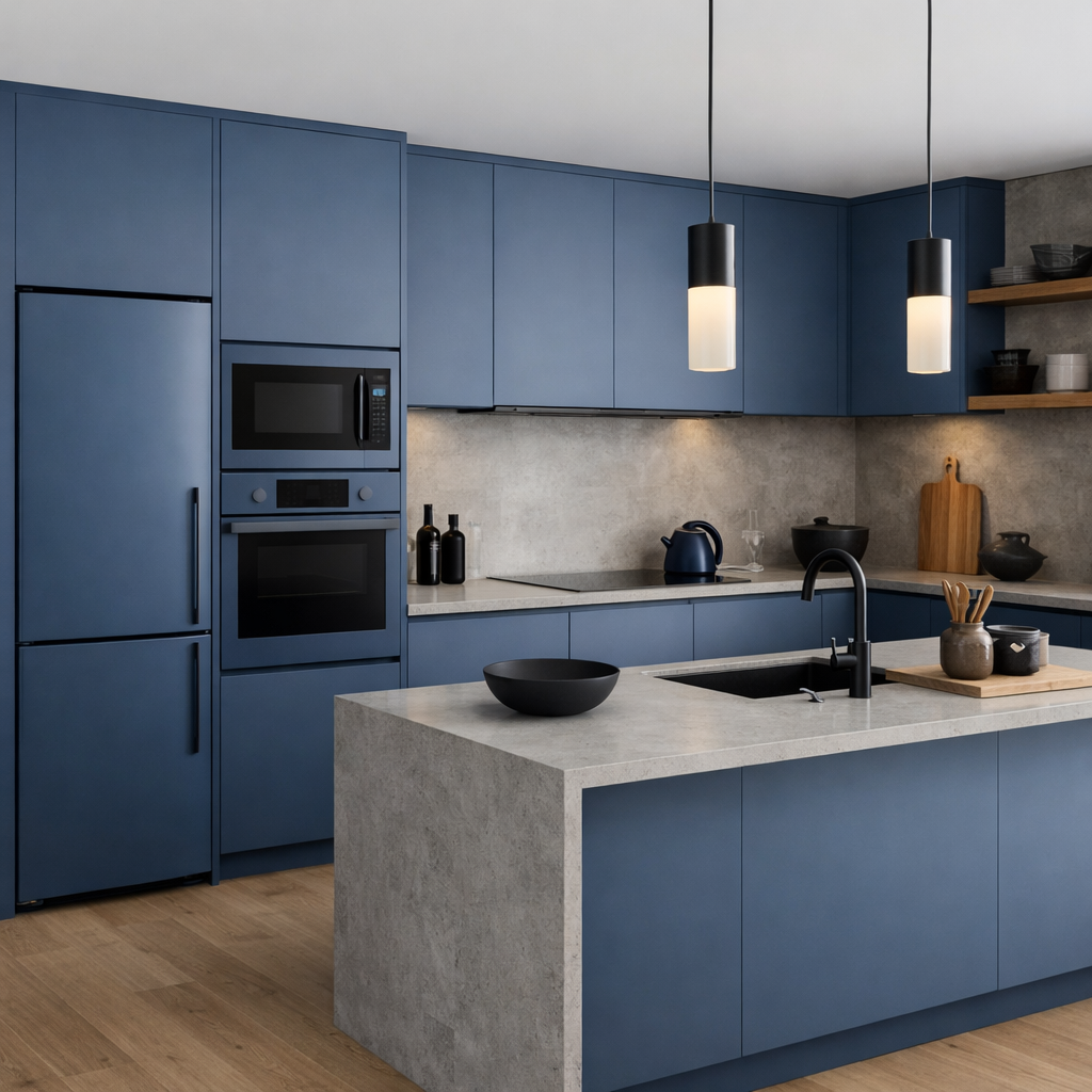 A modern kitchen featuring matte blue appliances and a sleek design.