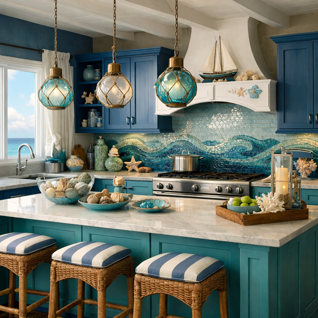 A vibrant blue kitchen featuring ocean-inspired decor with wave-patterned backsplash, pendant lighting, and coastal accents.
