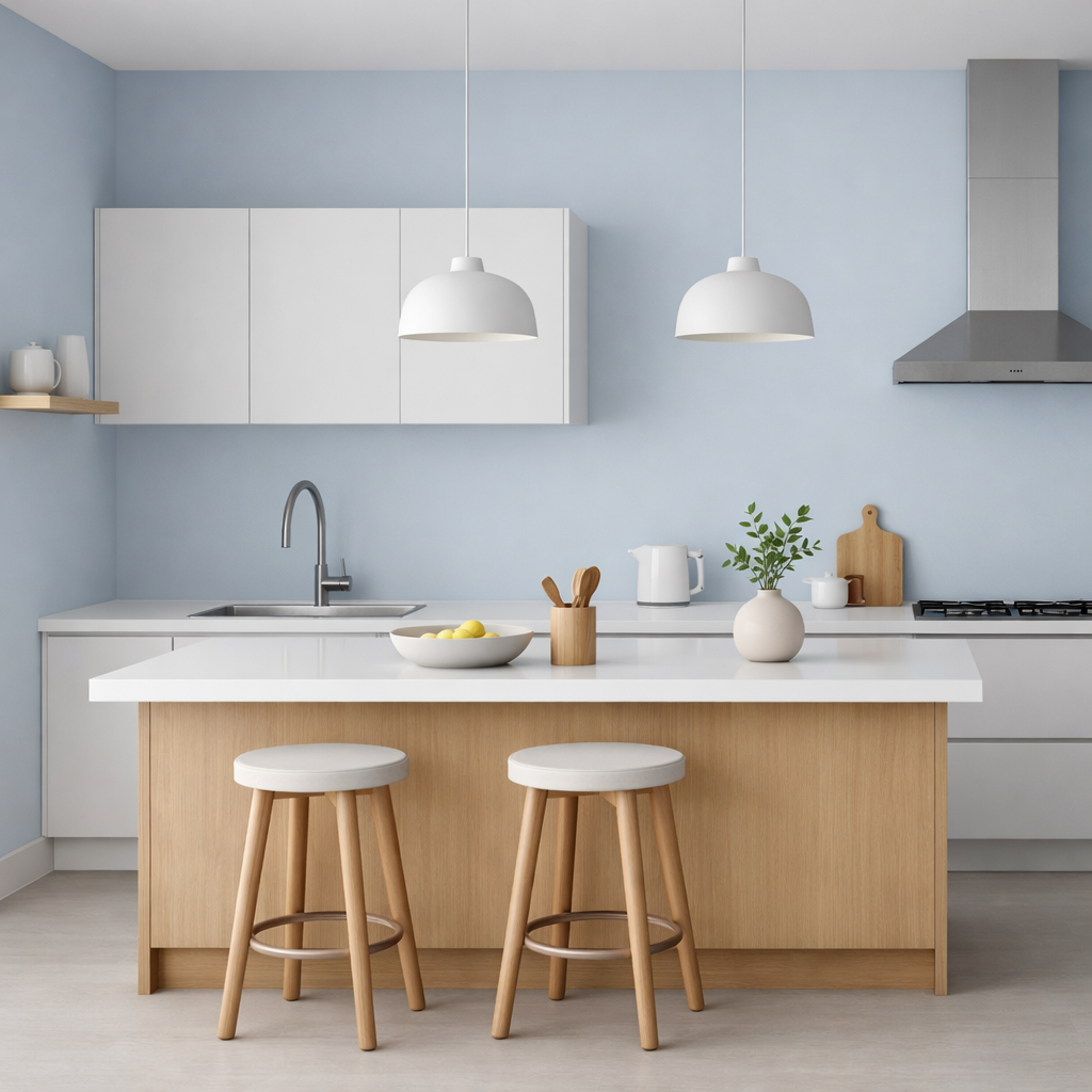 A modern kitchen with soft blue walls and minimalist design, featuring a white island and wood accents.