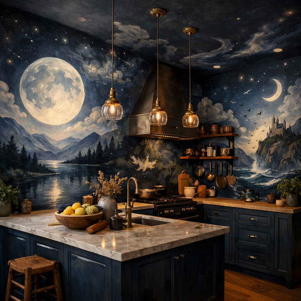 A midnight blue kitchen with an artistic wall mural featuring a moonlit landscape, mountains, and a castle.