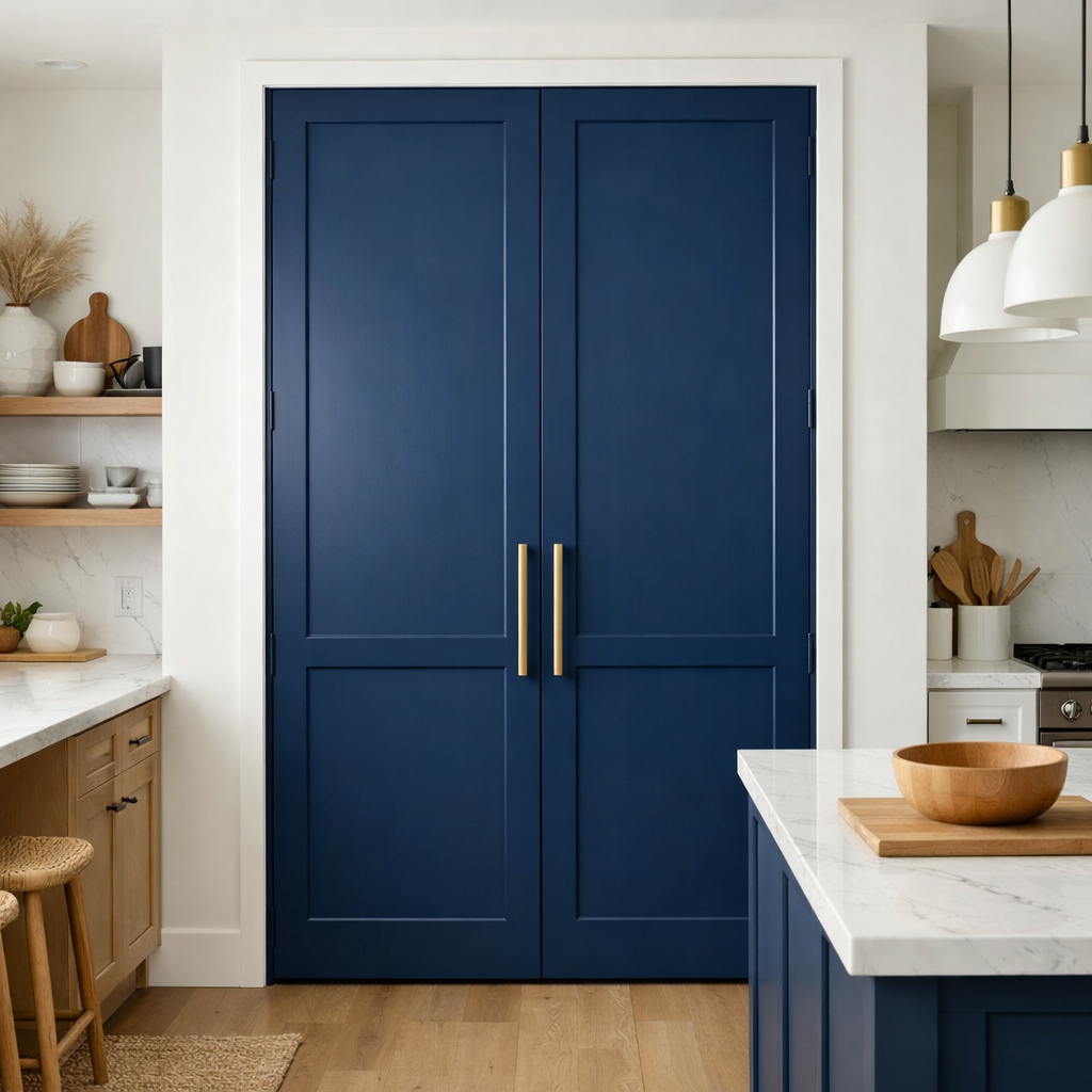 Image of a modern kitchen featuring bold midnight blue pantry doors with gold handles.