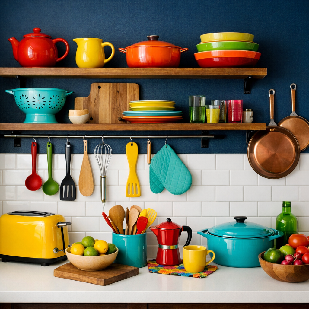 A colorful kitchen with midnight blue walls, featuring shelving with dishes and various cooking utensils.