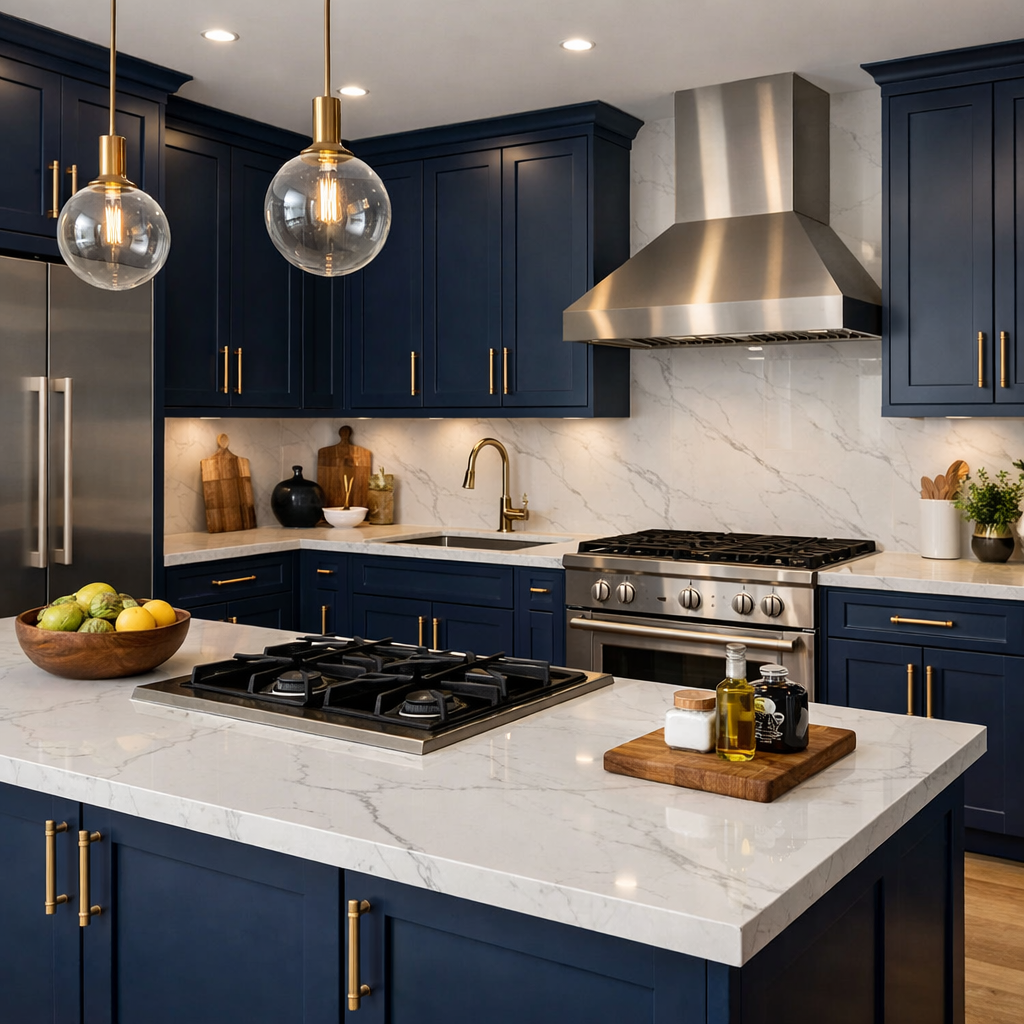 Elegant kitchen with midnight blue cabinets and marble countertops.