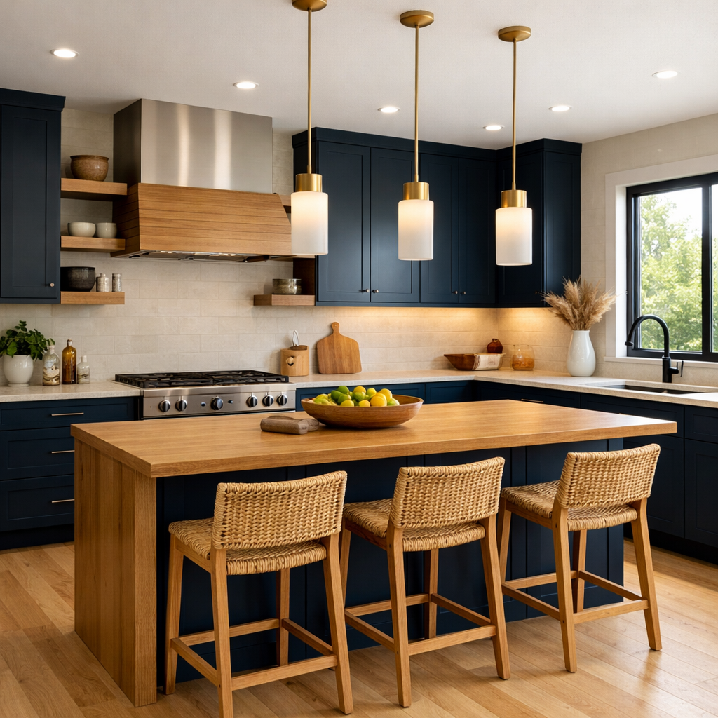 Kitchen with midnight blue cabinets and natural wood accents, featuring pendant lights and a central island.