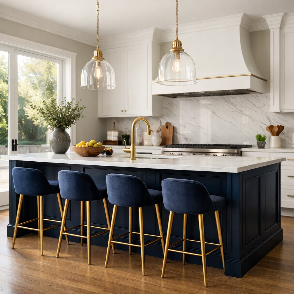 Midnight blue kitchen island with gold fixtures and bar stools.
