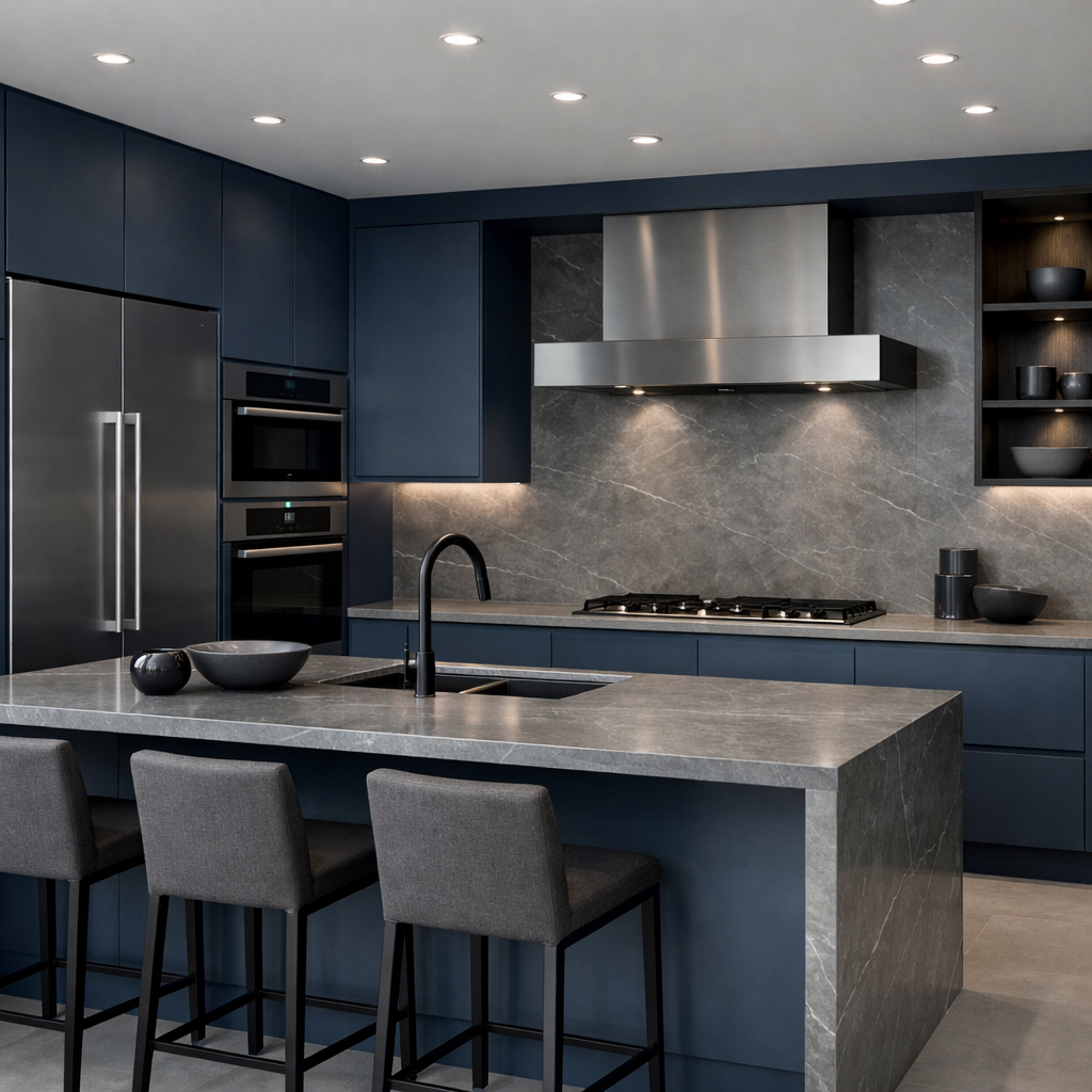 Modern kitchen featuring midnight blue cabinets and gray countertops.