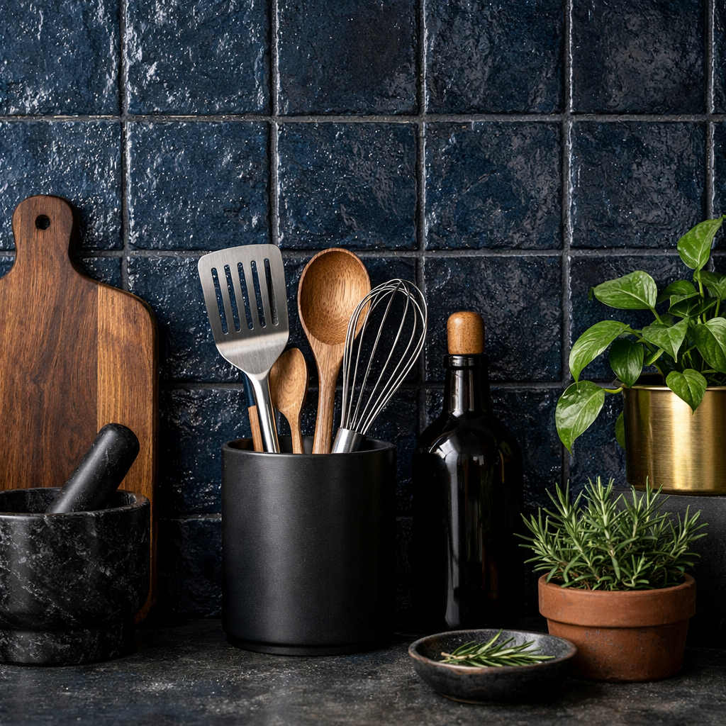 Textured midnight blue backsplash with wooden utensils and potted herbs