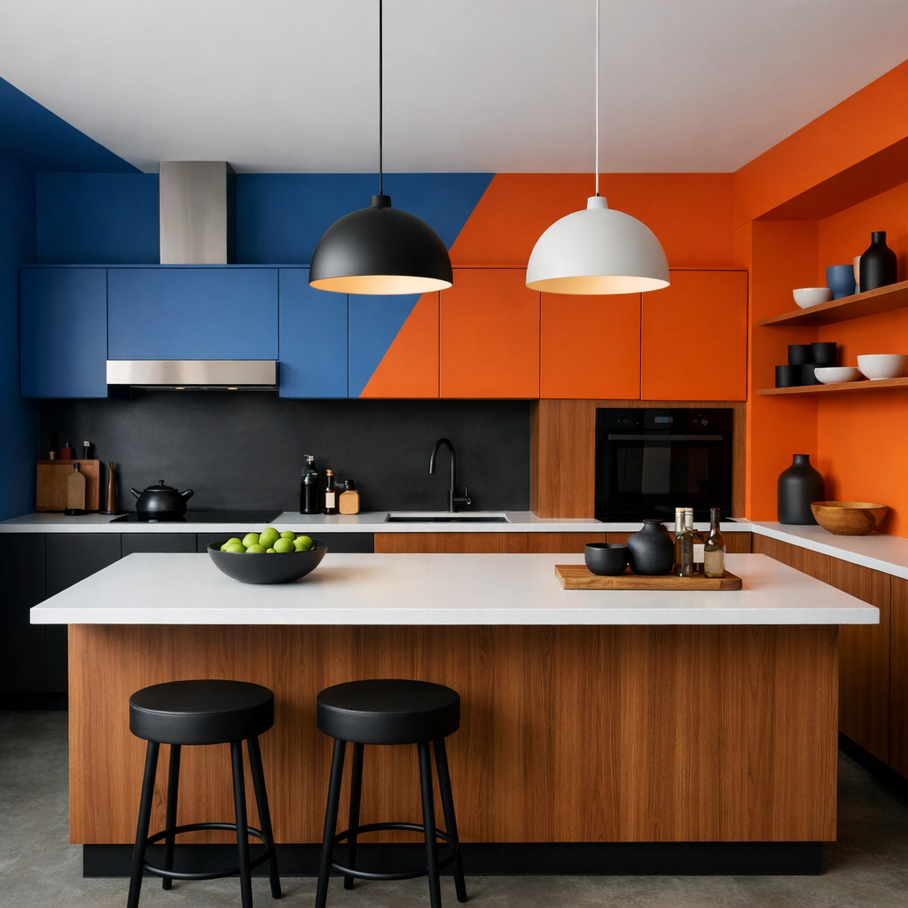 A vibrant kitchen with blue and orange color block walls, featuring modern stools and minimalist decor.