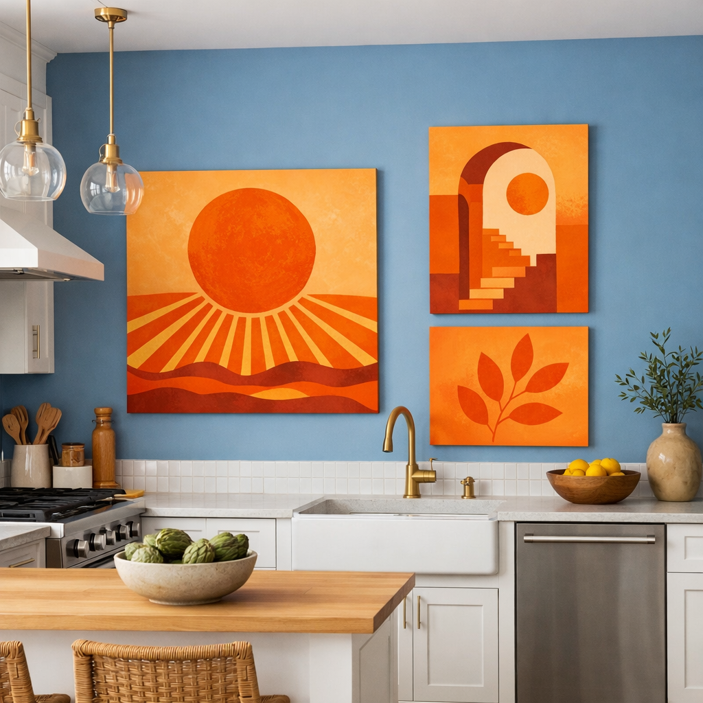 A kitchen featuring blue walls adorned with vibrant orange artwork, showcasing abstract designs and sun motifs.