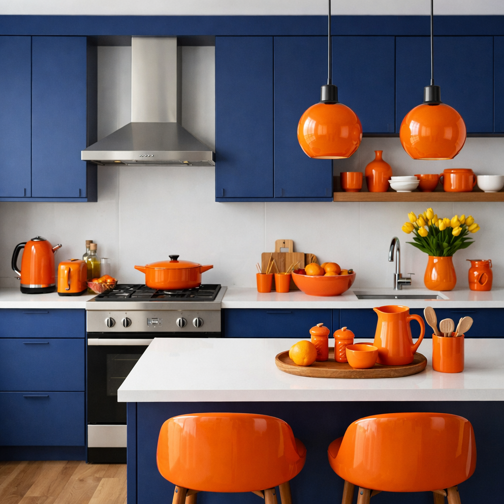 A modern kitchen with blue cabinets and orange accents, featuring vibrant decor and a functional layout.