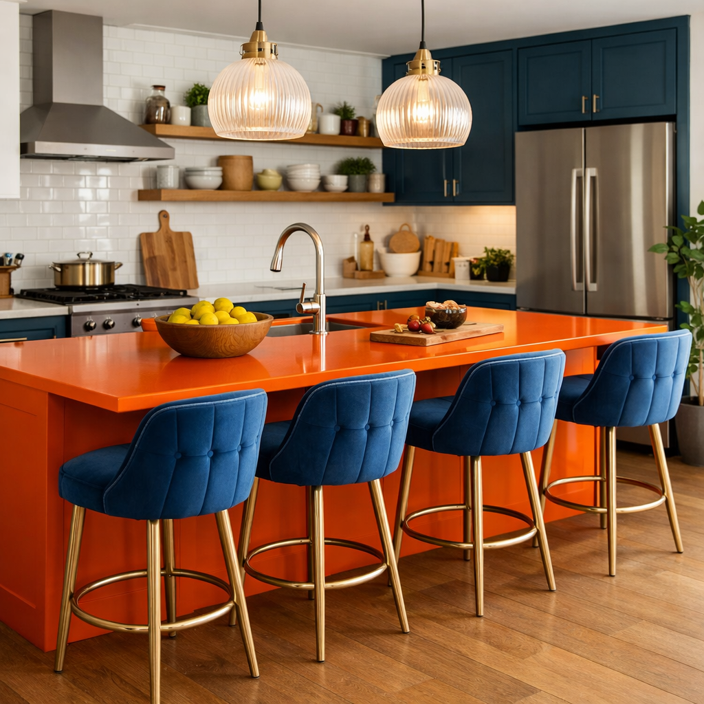 A bright orange kitchen island with seating and blue stools in a modern kitchen.
