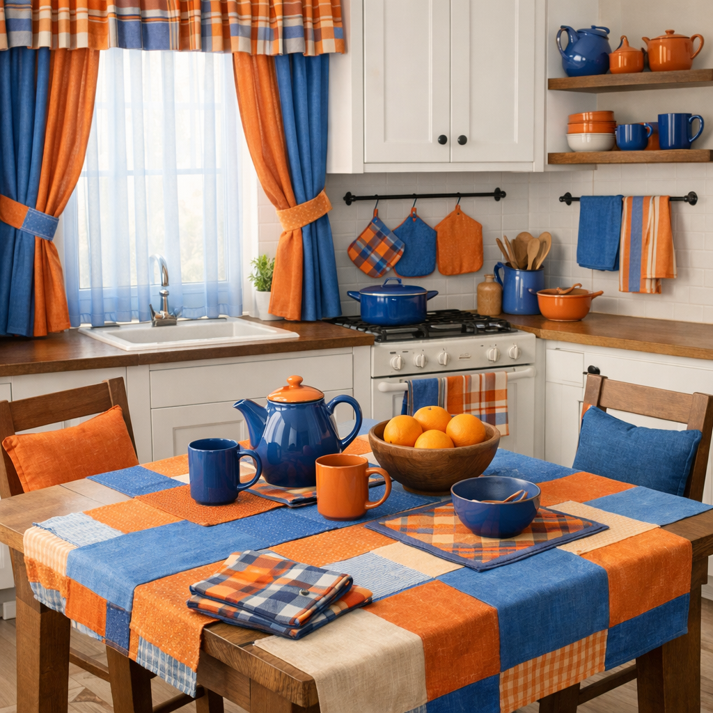 A blue and orange themed kitchen featuring patterned textiles on curtains and tablecloth.