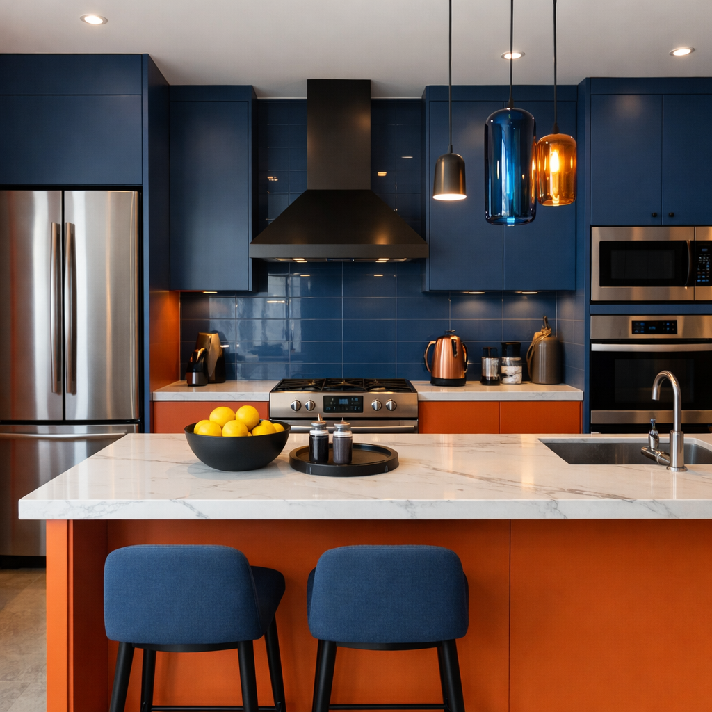 A blue and orange themed kitchen featuring modern appliances and a stylish design.
