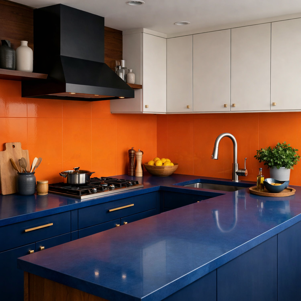 A modern kitchen featuring an orange backsplash and blue countertops.