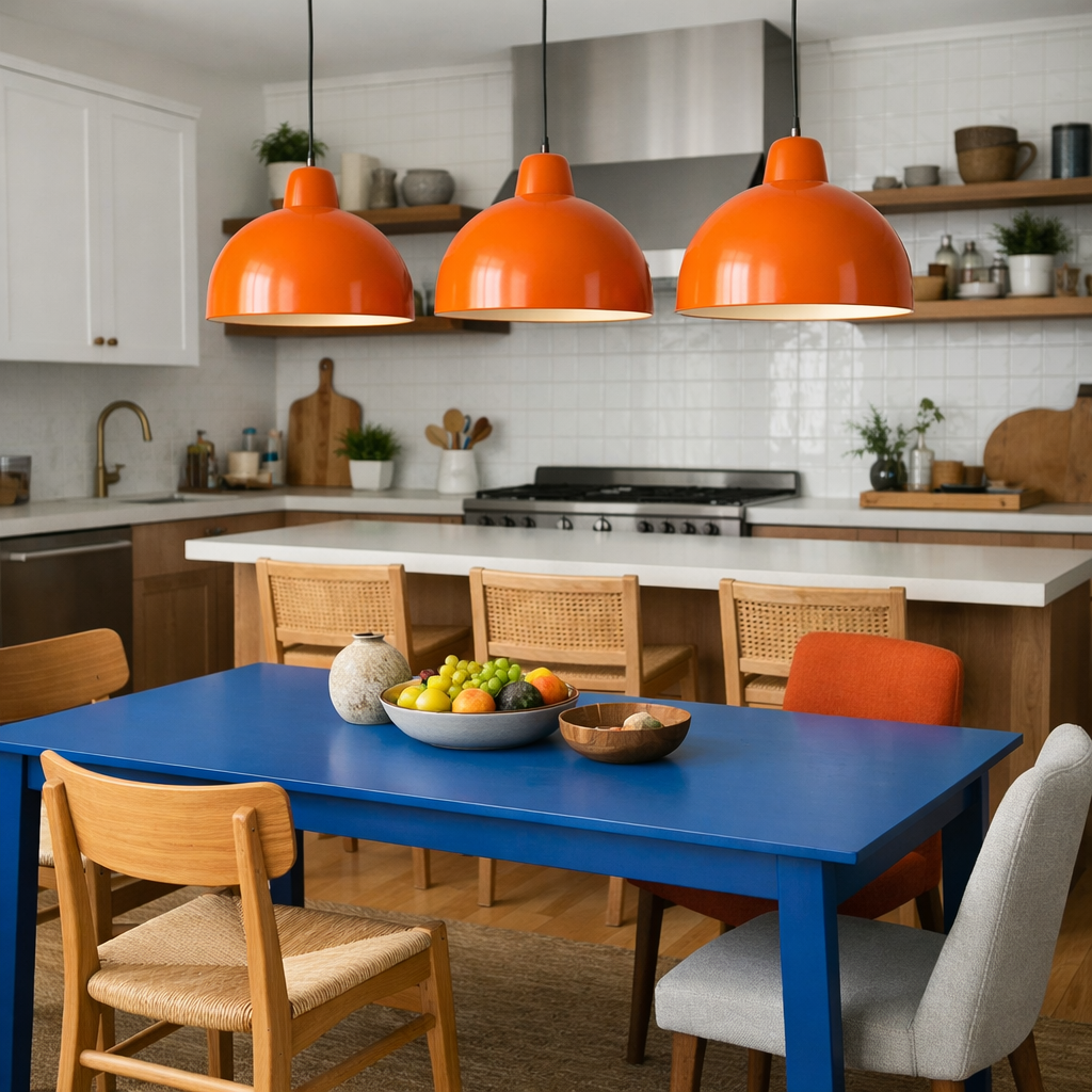 A kitchen with orange pendant lights above a blue dining table adorned with fruits.