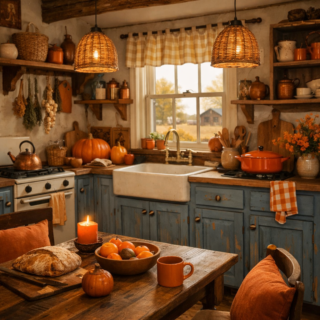 A rustic kitchen featuring blue cabinets and orange accents, with pumpkins and fruits on the table.