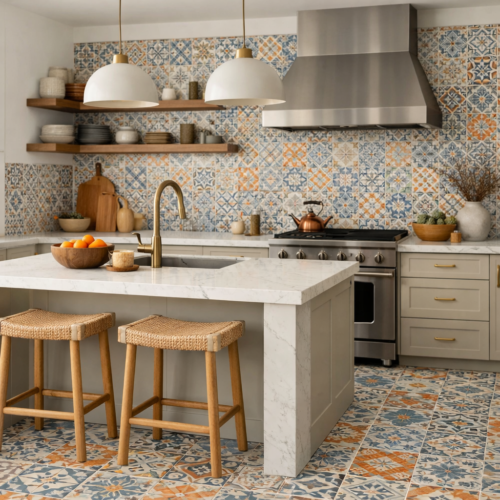 A modern kitchen featuring blue and orange tile patterns on the walls and floor, with wooden shelves and bar stools.