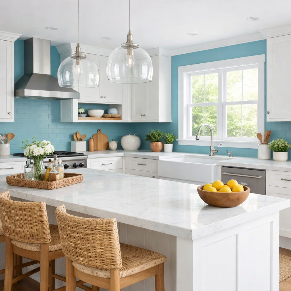 A bright kitchen showcasing teal blue walls, white cabinets, and elegant decor