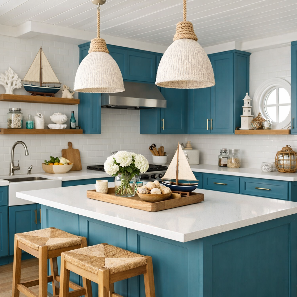 A bright kitchen featuring teal blue cabinets, white countertops, and coastal decor.