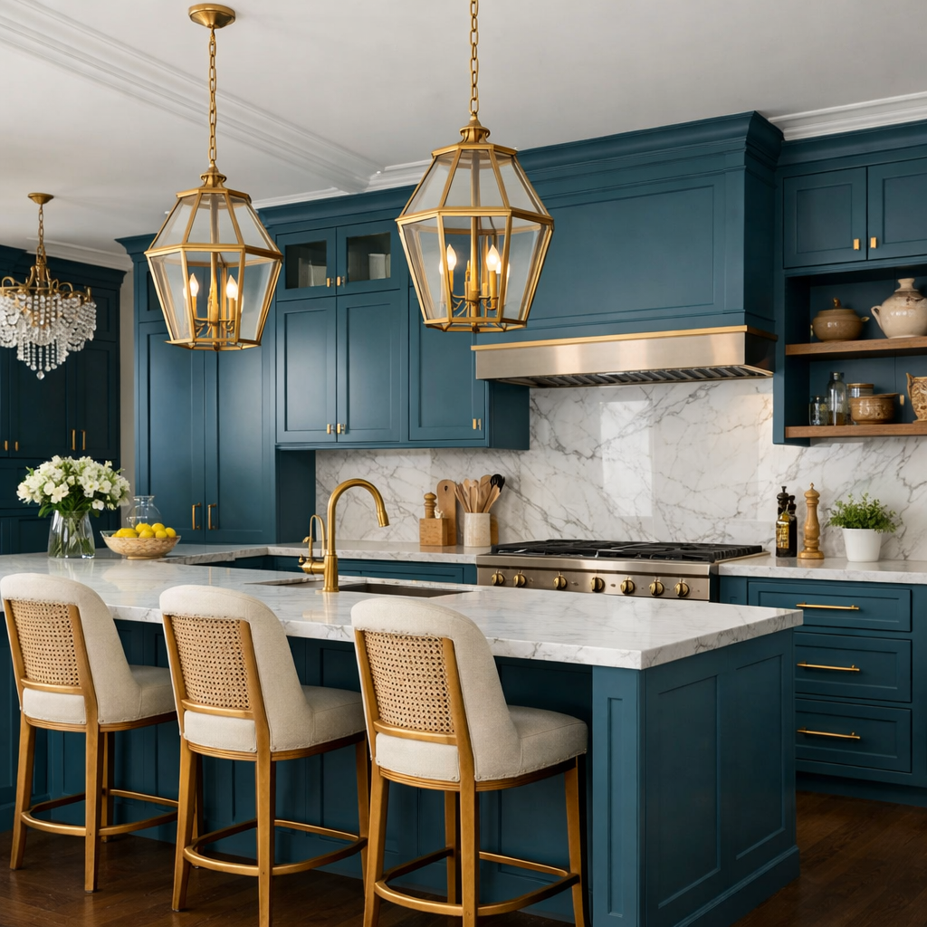 A stylish kitchen featuring teal blue cabinets and gold accents, with a marble countertop and elegant lighting.