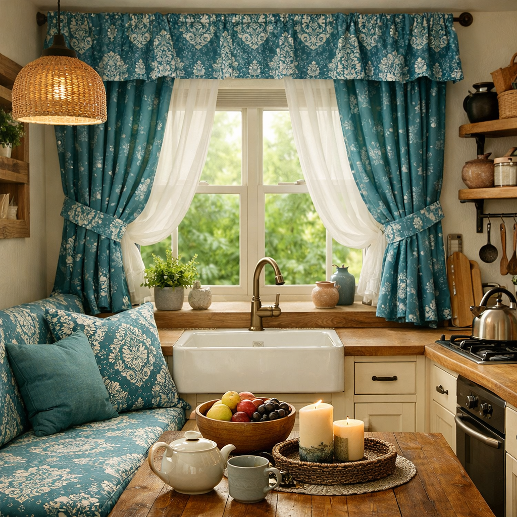 A cozy kitchen featuring teal blue curtains and cushions, complemented by a wooden countertop and rustic decor.