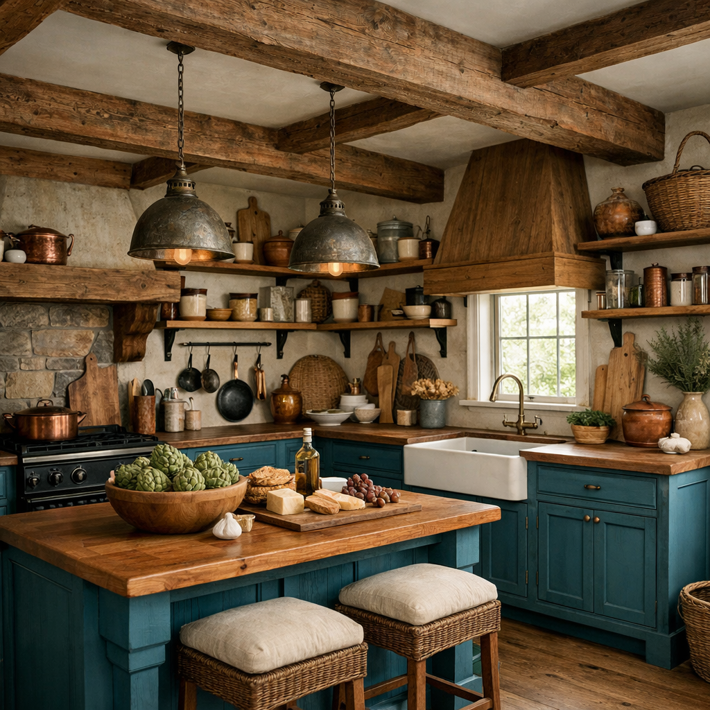 A rustic kitchen with teal blue cabinets and wooden accents, featuring a wooden countertop with ingredients.