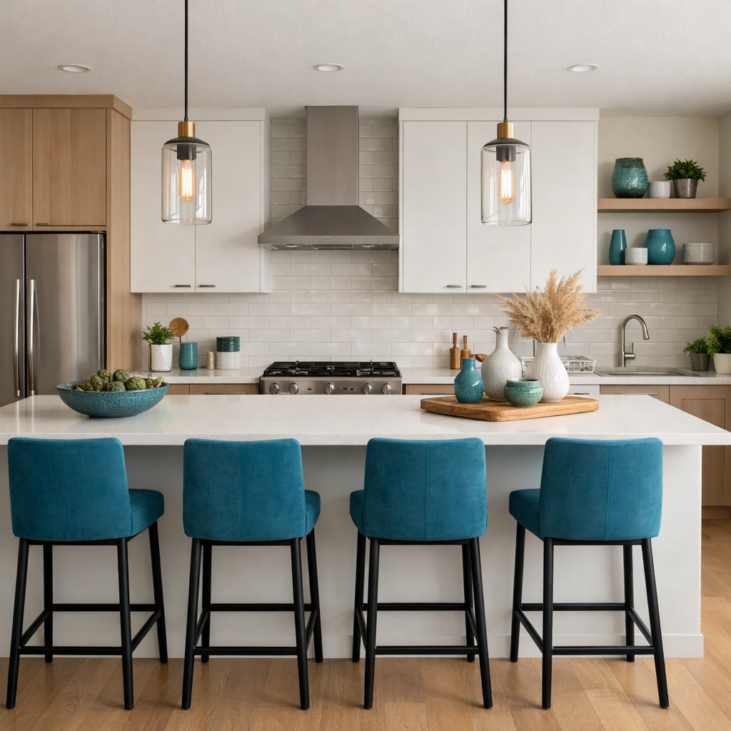 Modern kitchen featuring teal blue accents with teal bar stools and decorative ceramics on the counter.