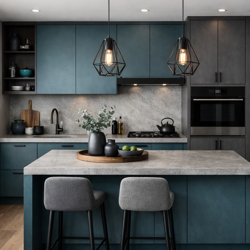 A modern kitchen featuring teal blue cabinetry and gray countertops, with stylish pendant lights and decorative elements.