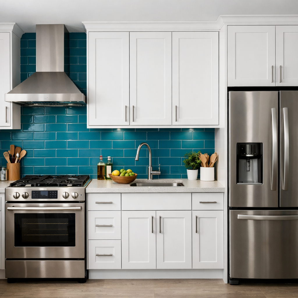 Teal blue kitchen backsplash with white cabinets and stainless steel appliances.
