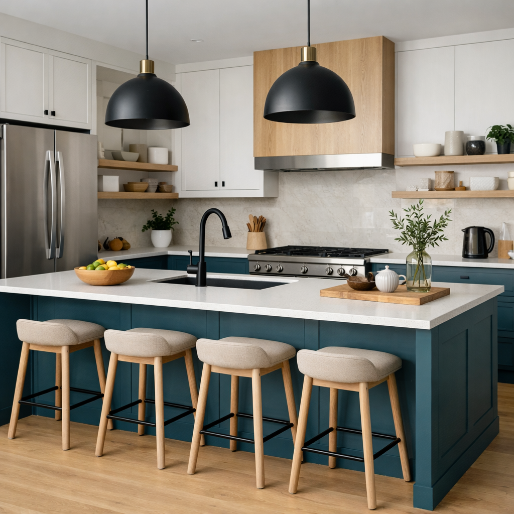 A modern kitchen featuring a teal blue island, black pendant lights, and wooden accents.