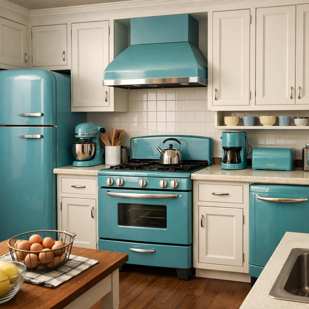 A vintage-style kitchen with teal blue appliances, including a fridge, stove, and mixer, complemented by light cabinet colors and a wooden table.