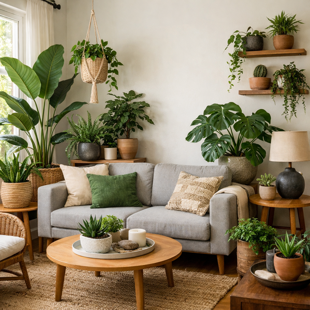 A cozy living room decorated with various indoor plants, featuring a sofa, coffee table, and natural decor.