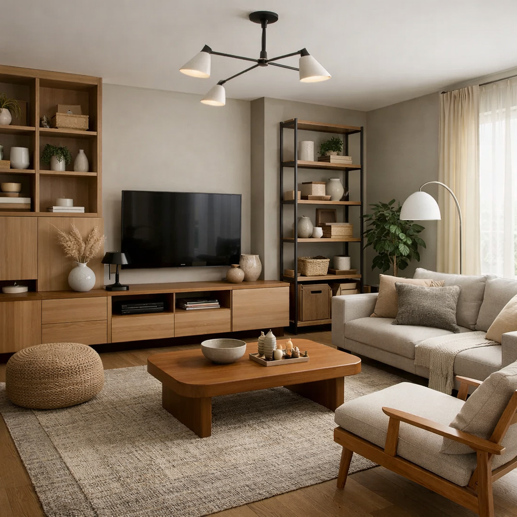 A stylish modern living room featuring wooden furniture and neutral tones.