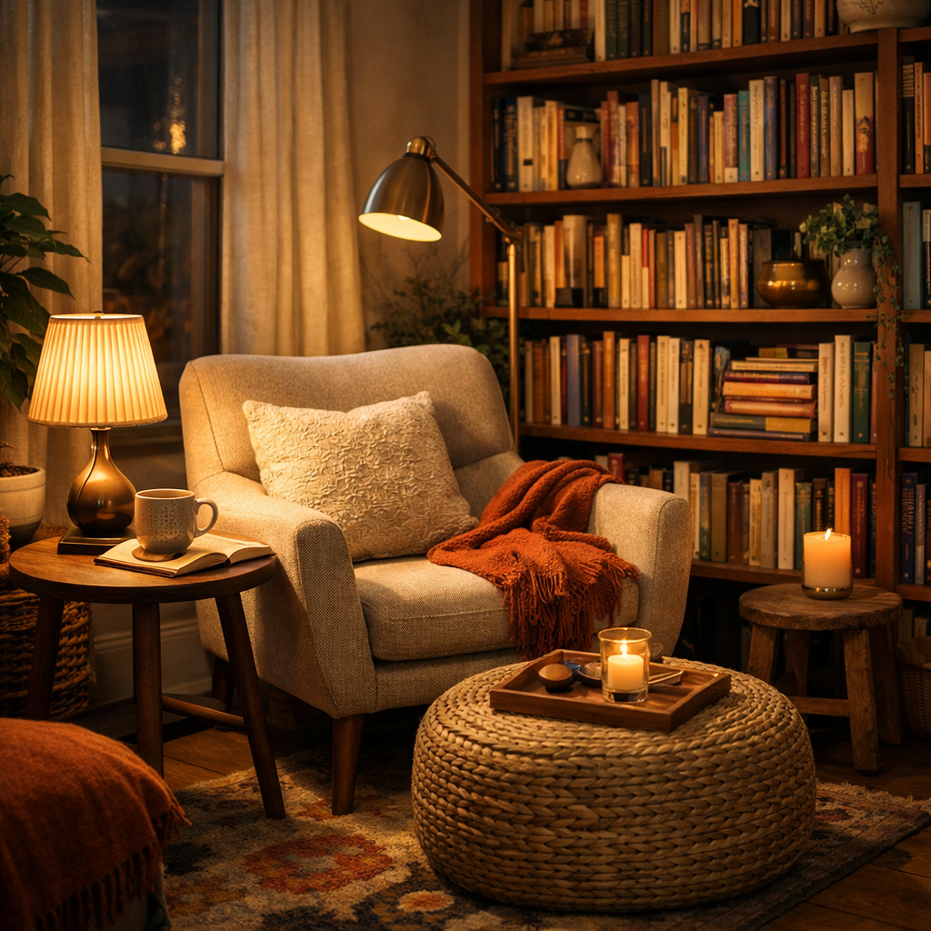 Cozy reading nook with armchair, books, and warm lighting.