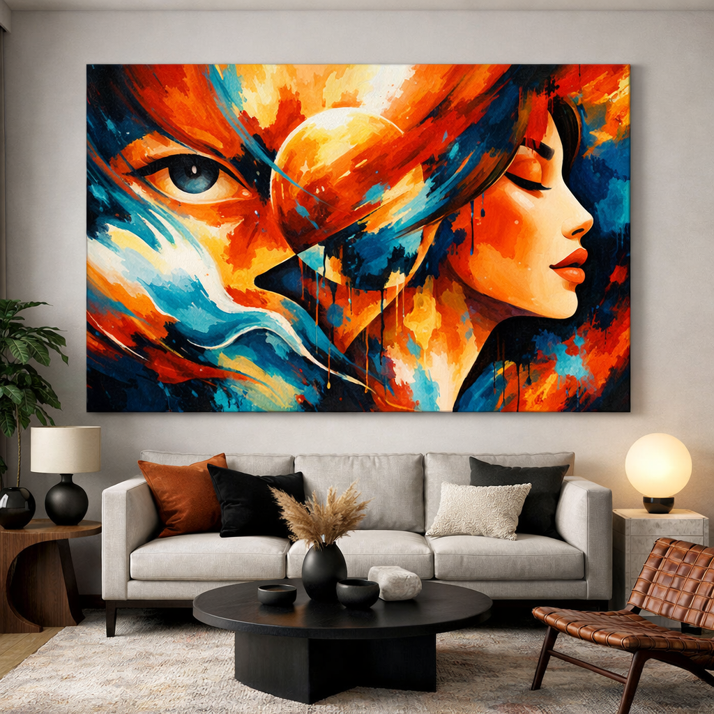 A living room featuring vibrant statement artwork above a grey couch.