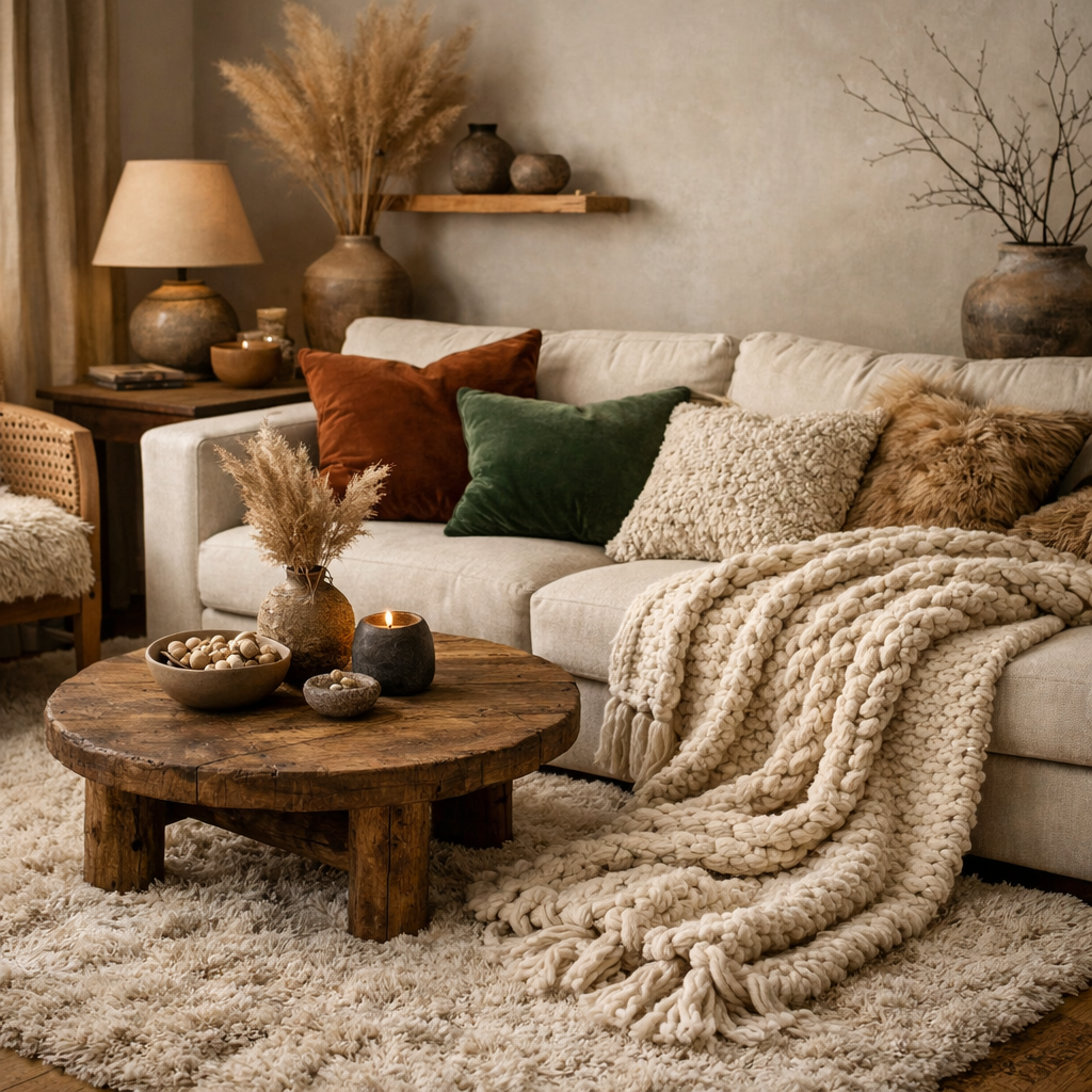 Cozy living room with layered textures including a soft sofa, various pillows, knit blanket, wooden coffee table, and decorative elements like plants and stones.