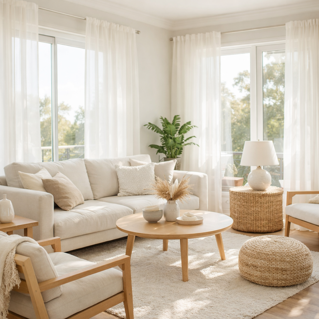 Bright and airy living room with natural light, featuring a neutral sofa, wooden accents, and plants.