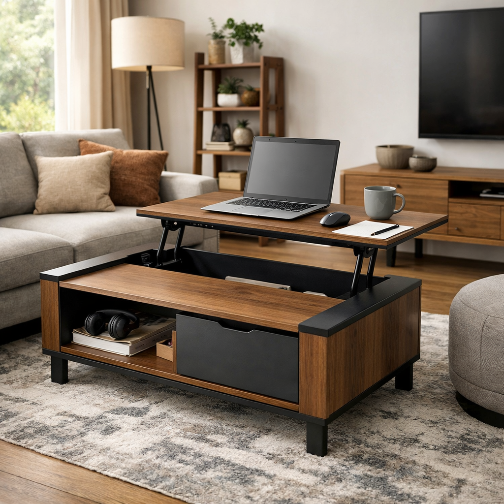 A multi-functional coffee table in a living room, serving as a workspace with a laptop and coffee.