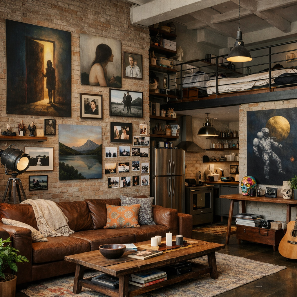 Cozy loft apartment with a mix of art and personal touches on the walls.