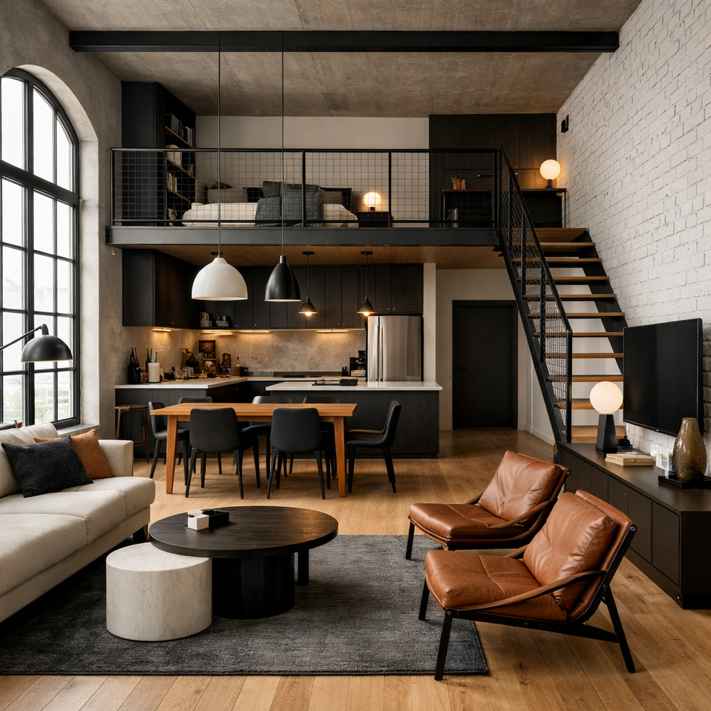 Stylish loft apartment with a mix of light and dark tones.